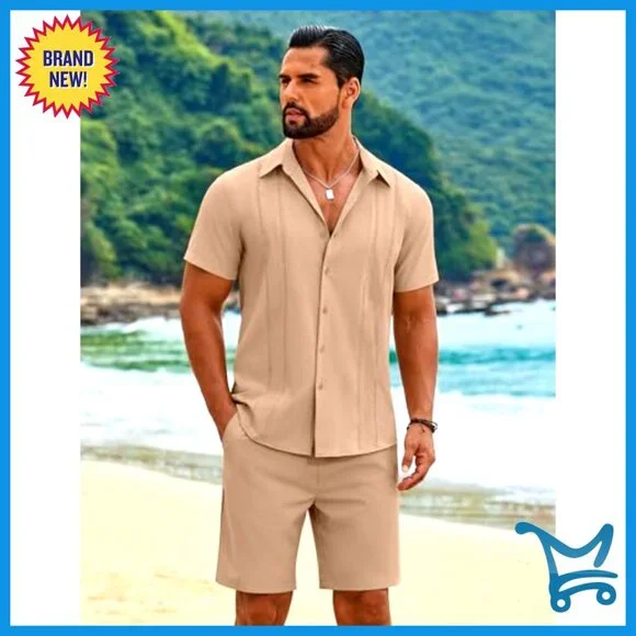 Men's 2 Piece Cuban Guayabera Shirt & Shorts Summer Beach Vacation Set